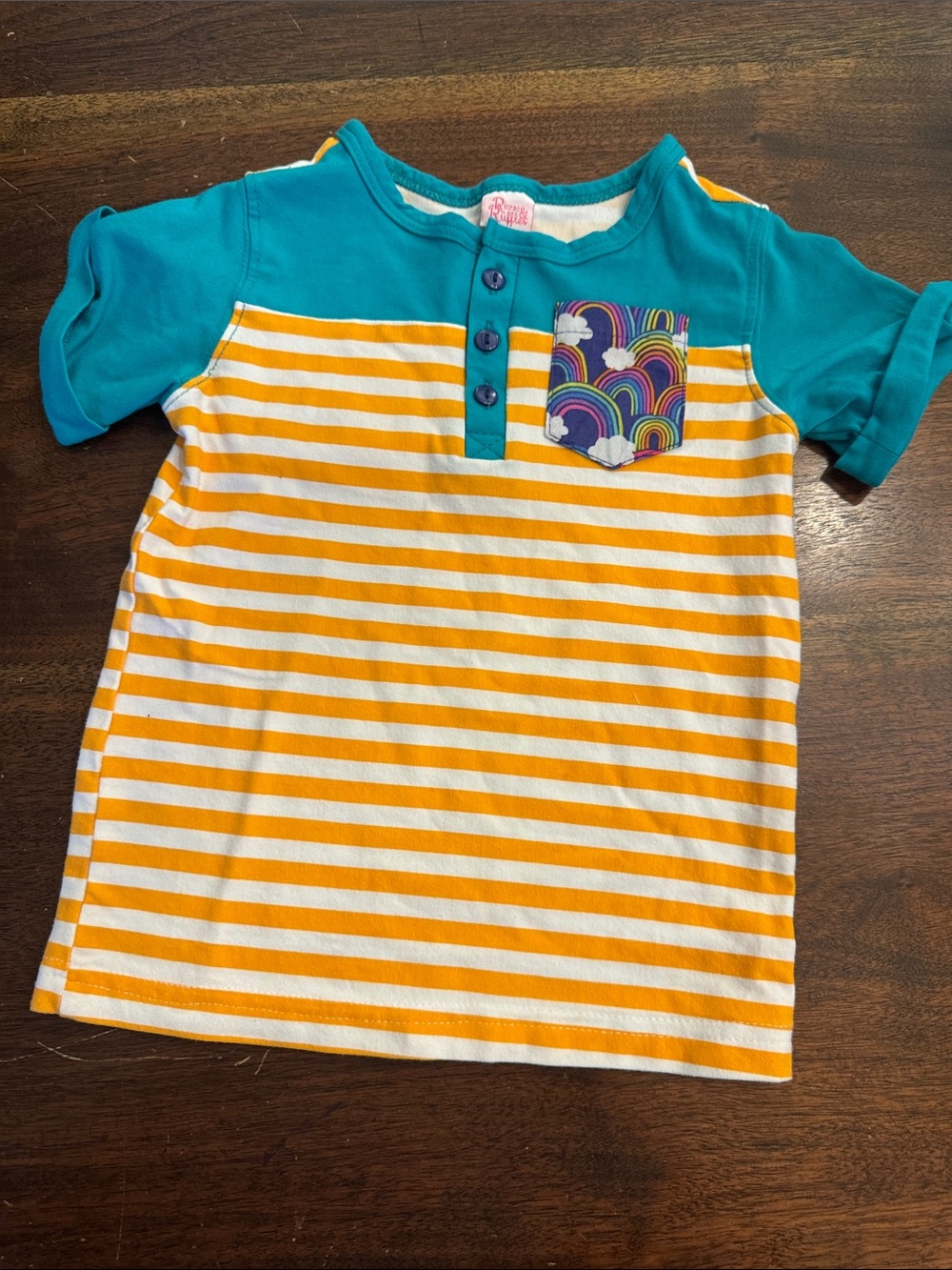 Ricrac N Ruffles Kids Short Sleeve Tee with Turquoise Yoke and Yellow Stripe